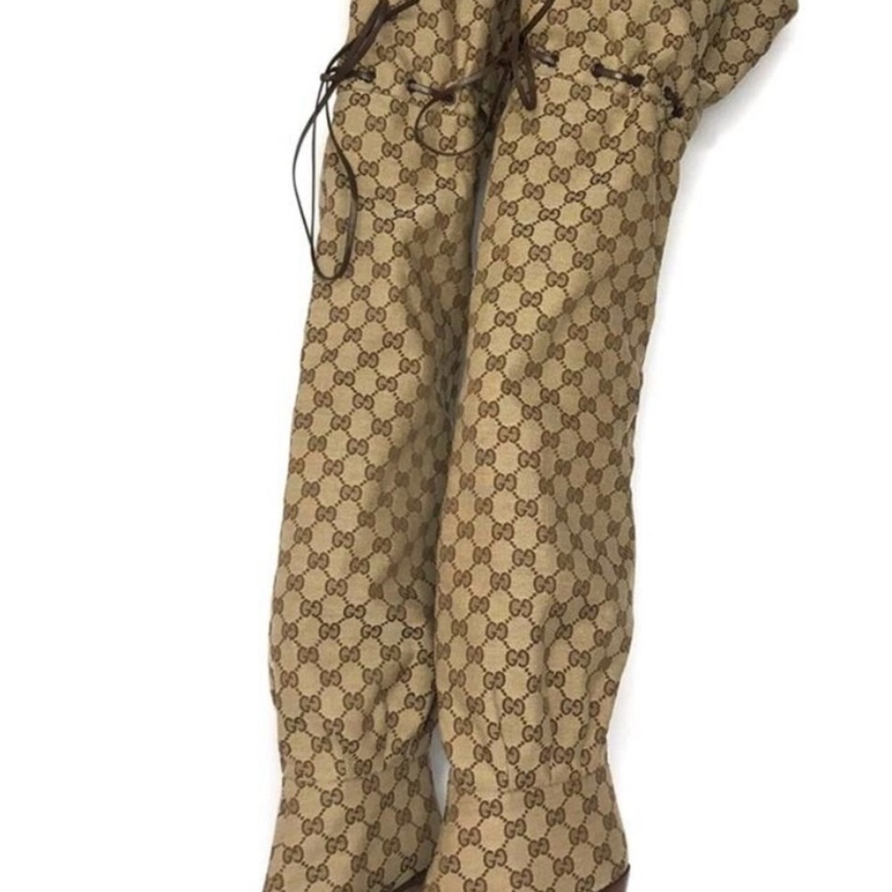 Gucci Beige Monogram Over the Knee Boots